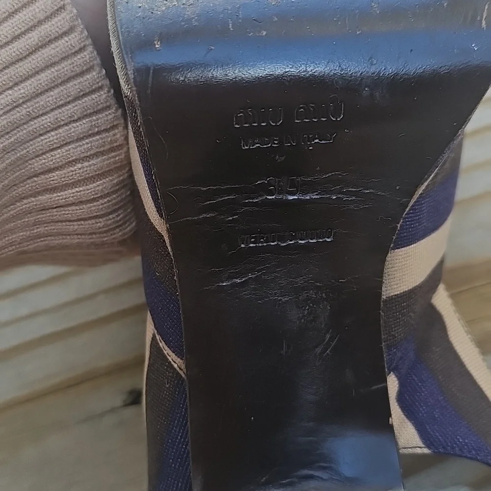 Vintage Miu Miu Striped Calzature Donna Fabric Coated Peep Toe Heels Sz 39
